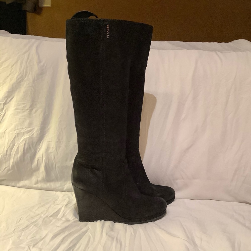 Black Prada calzature donna suede wedge heel boots